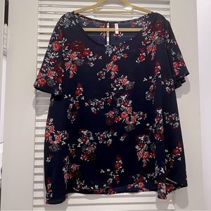 Xhilarartion Short Sleeved Navy Floral Blouse 3X